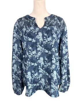 Chico's 2 L Smocked Popover Top Blue Floral 100% Lyocell Peasant Sleeves Boho